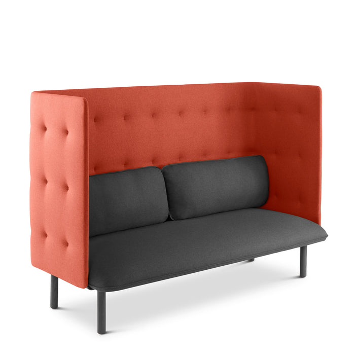 Modern red two-seater sofa with dark grey cushions on a white background (Dark Gray-Brick)