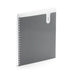 Spiral-bound notebook with gray cover and pocket standing on white background. (Dark Gray-1 Subject)