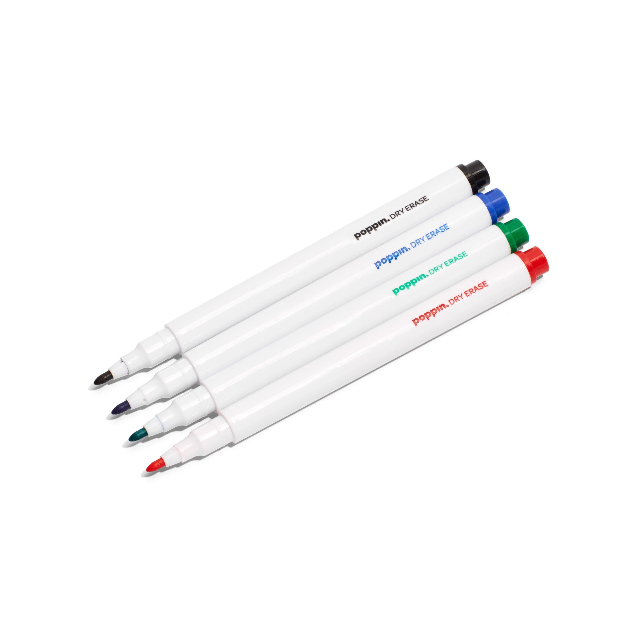 Set of four colorful dry erase markers on a white background. 