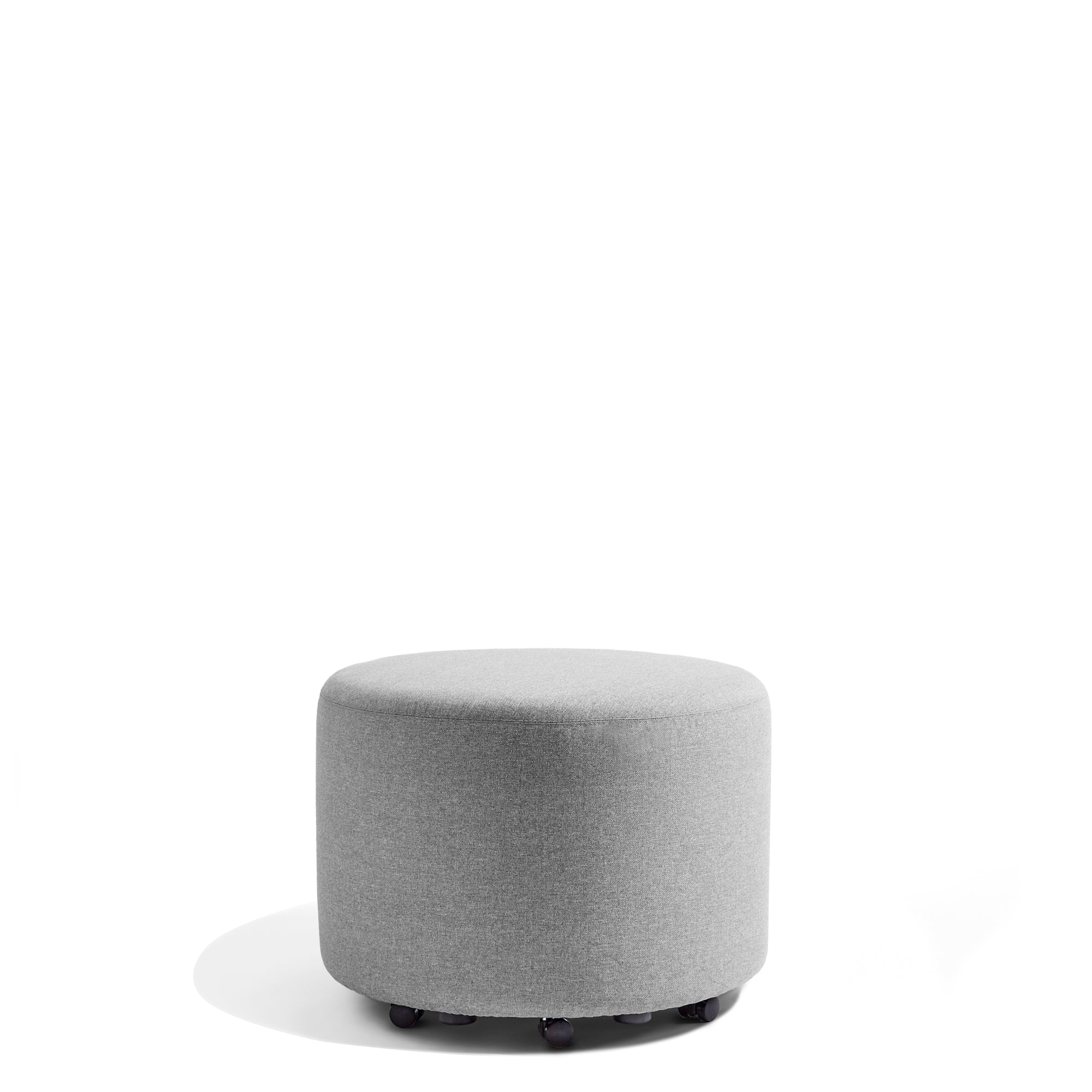 Five black office chair wheels with metal stems on white background. 