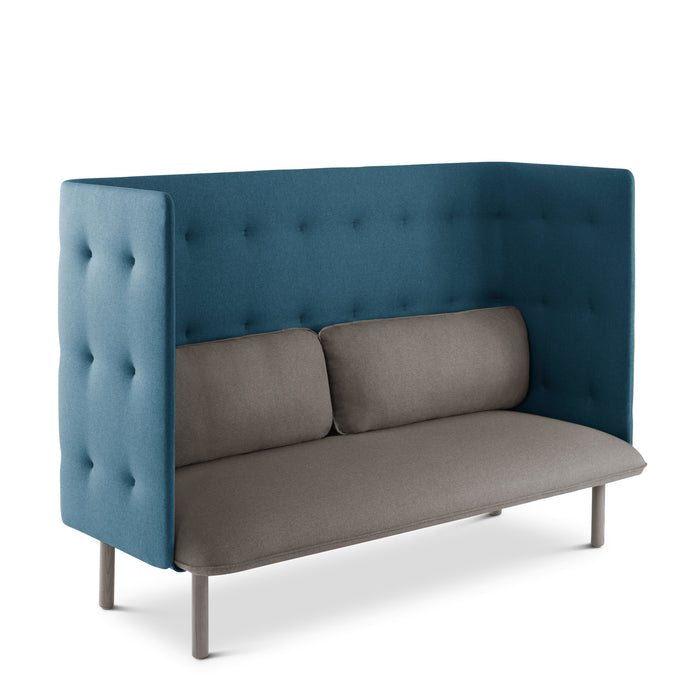 Blue tufted high-back loveseat with gray cushions against a white background. (Gray-Dark Blue)