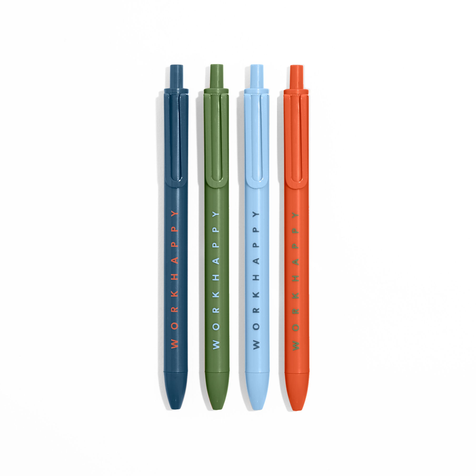 Four colorful pens with days of the week printed on them against a white background. 