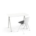 Modern white office desk with a single black and white chair on a white background. (White)