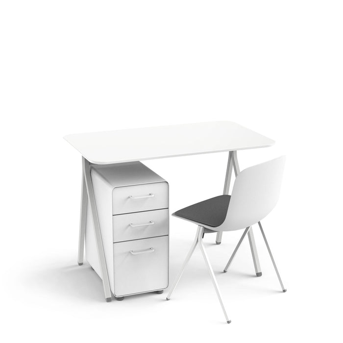 Modern white office desk with drawers and chair on white background. (White)
