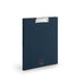 Navy blue clipboard with metal clip and logo on a white background 