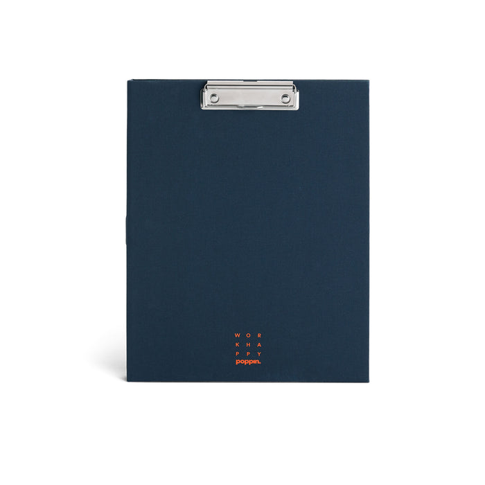 Navy blue clipboard with metal clip and small logo design on white background. 