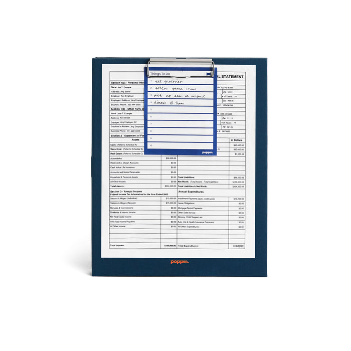 Clipboard with filled out budget planning worksheet on white background. 