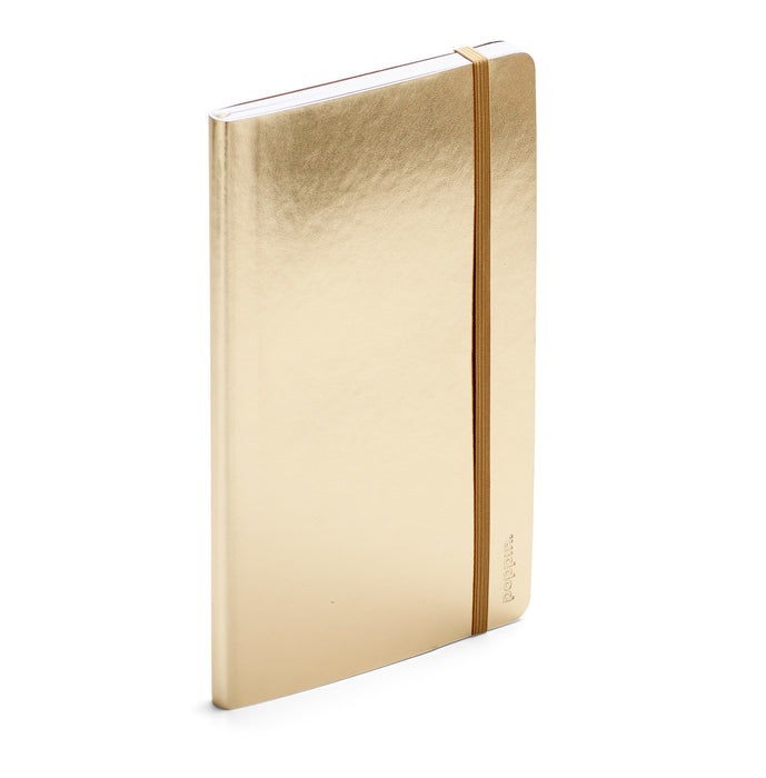 Gold notebook with elastic closure on white background. (Gold)