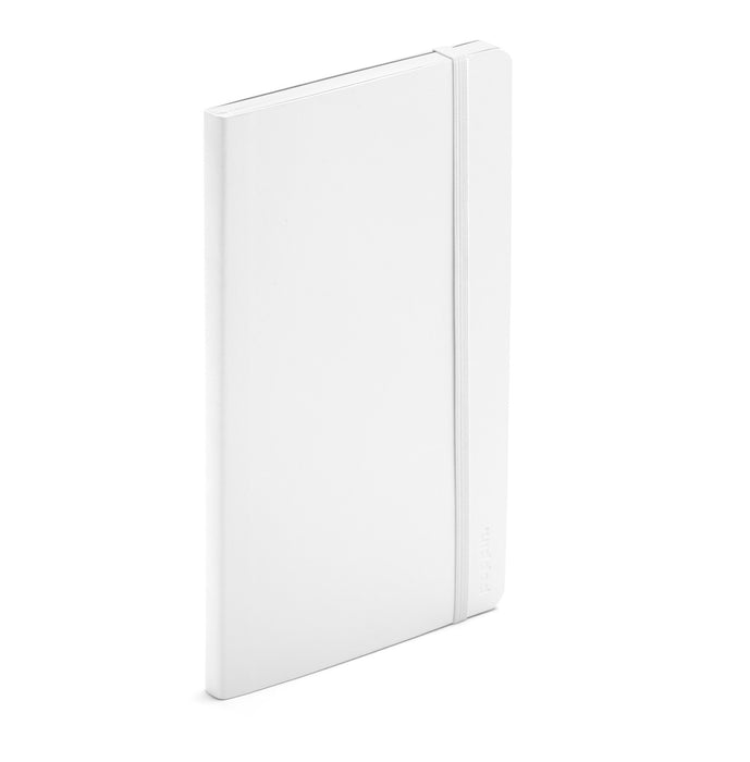 Blank white hardcover book standing upright on white background (White)