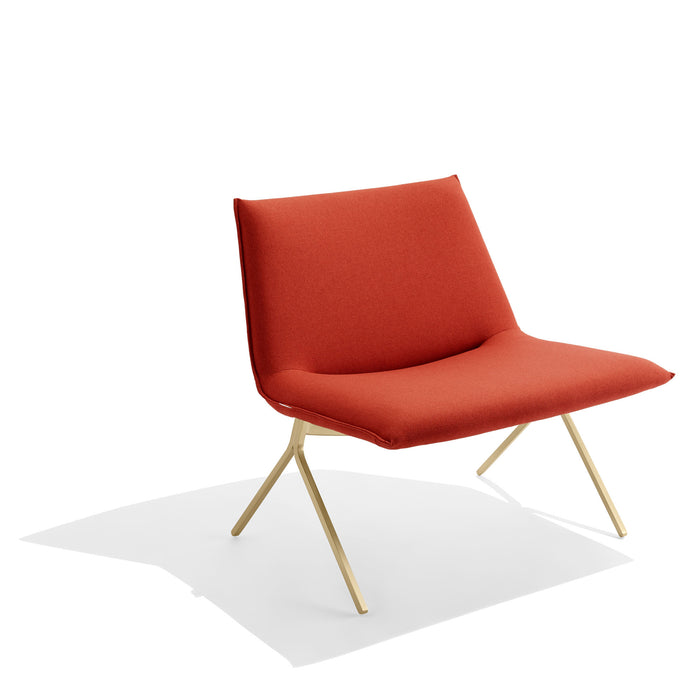 Modern red lounge chair with gold metal legs on white background. (Brick-Brass)