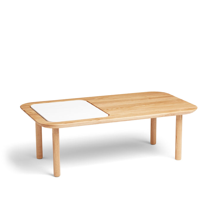 Modern wooden coffee table with white inlay on a white background. (Natural Ash)