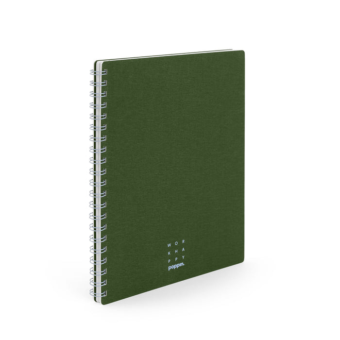 Green spiral notebook with white text isolated on white background. (Olive)