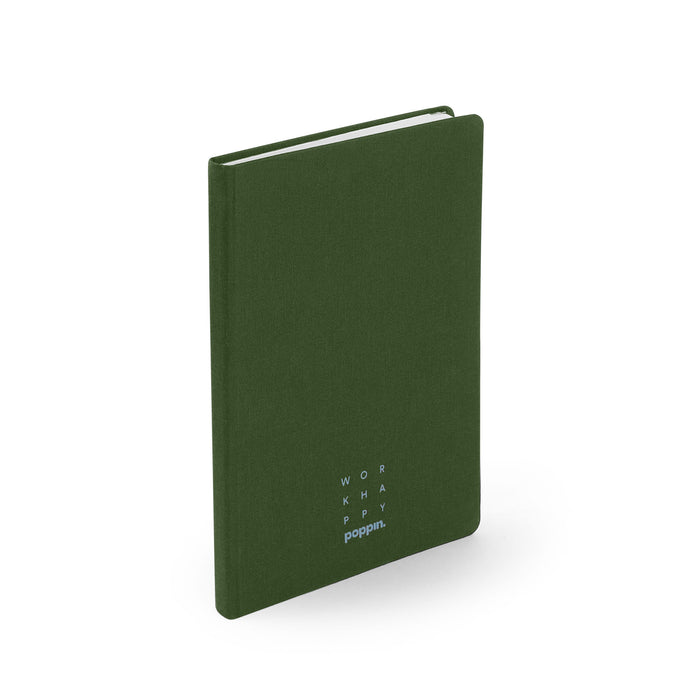 Green hardcover notebook with 'Work Happy' text isolated on white background. (Olive)