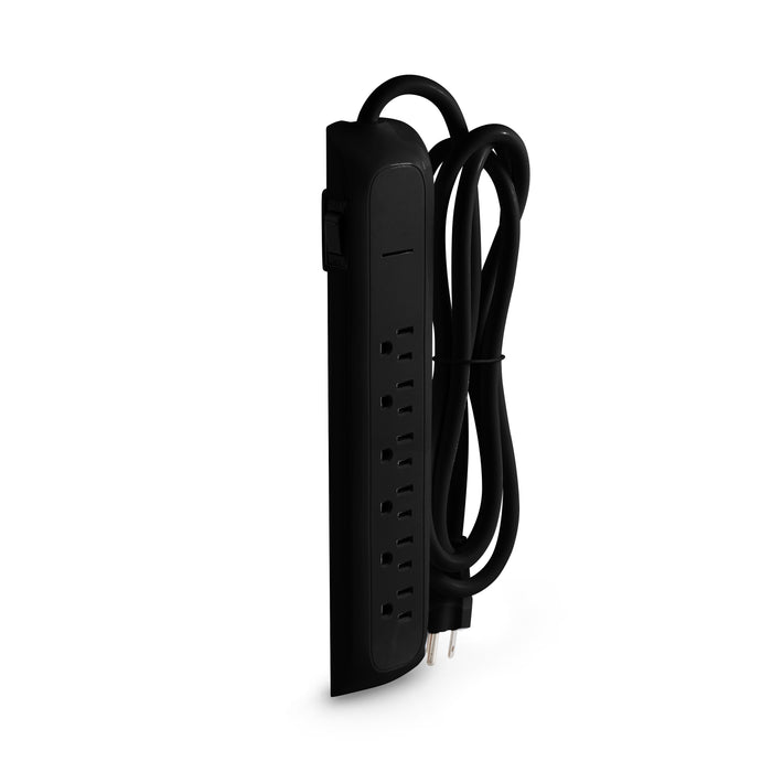 Black power strip with surge protection and neatly coiled cable on white background. (Black-6&apos;)