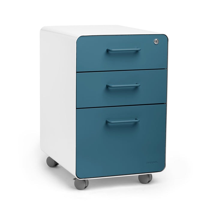 Blue and white three-drawer office filing cabinet on wheels against a white background. (Slate Blue-White)