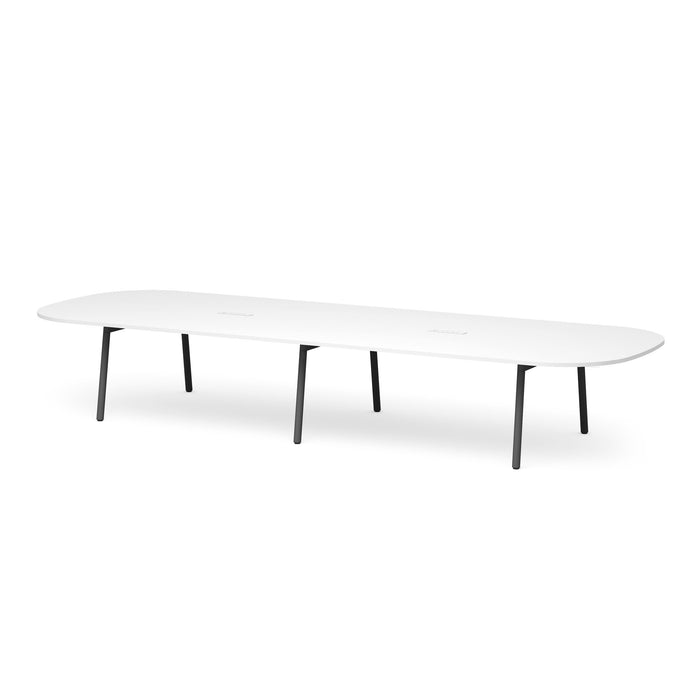 Modern white oval conference table with sleek black legs on a white background. (White-180&quot;)