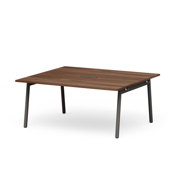 Modern wooden coffee table with black metal legs on a white background. (Walnut-66&quot;)