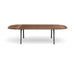 Modern oval wooden coffee table with black metal legs on white background. (Walnut-114&quot;)