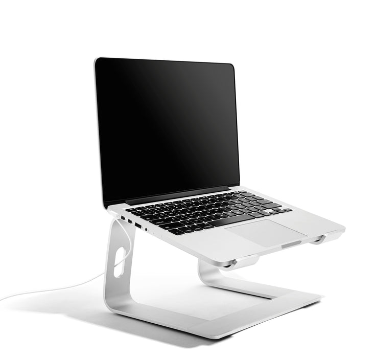 Modern laptop on a sleek stand with a white background 
