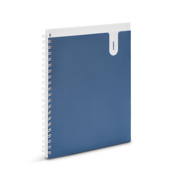Blue spiral notebook with white binding on a white background. (Slate Blue-1 Subject)