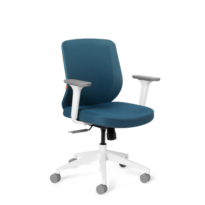 Blue office chair with adjustable armrests on a white background. (Slate Blue-Mid Back)