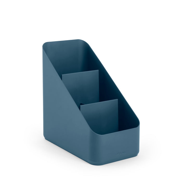 Blue desktop organizer with multiple compartments on white background. (Slate Blue)