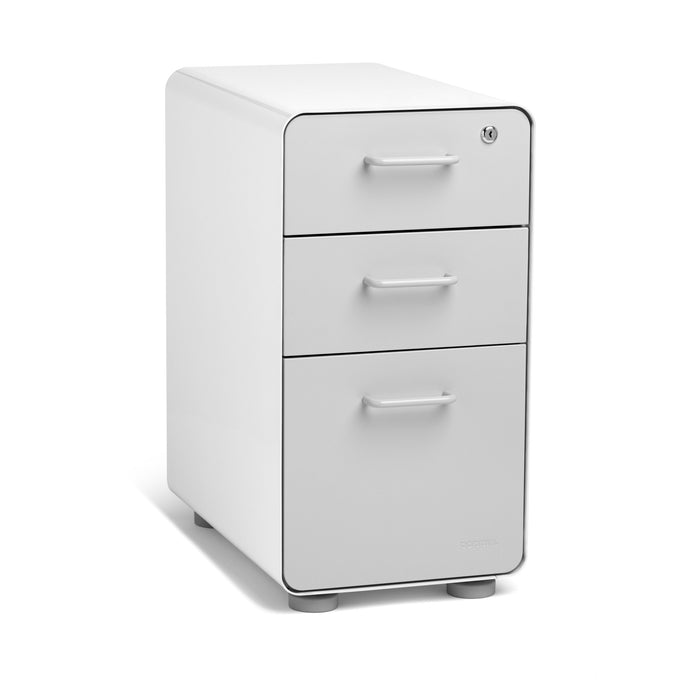 White three-drawer filing cabinet on a white background. (Light Gray-White)