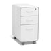 White mobile pedestal filing cabinet with three drawers on a white background. (White)