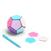 Colorful geometric ball with sticky notes and a blue pen on white background. 