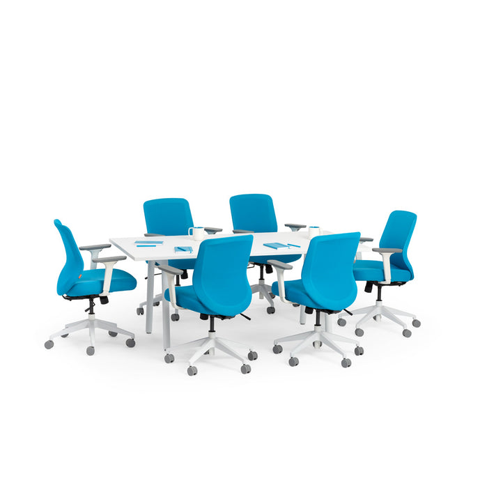 Modern office conference table with blue chairs on white background. (White-72&quot; x 30&quot;)