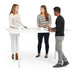Three young professionals engaging in conversation at a white standing desk. (White-72&quot; x 30&quot;)