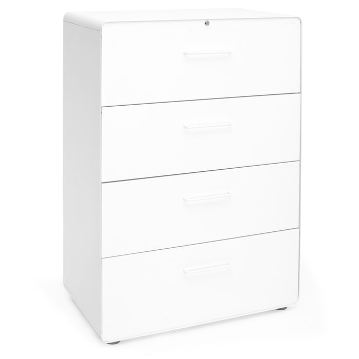 White four-drawer modern filing cabinet on a white background. (White)