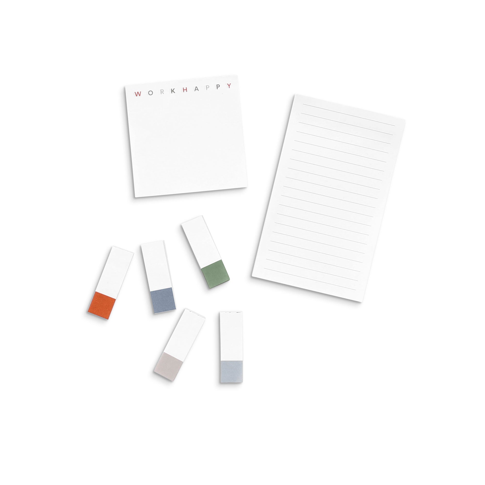 Open notepad with "WORK HAPPY" text and colorful sticky notes on white background. 