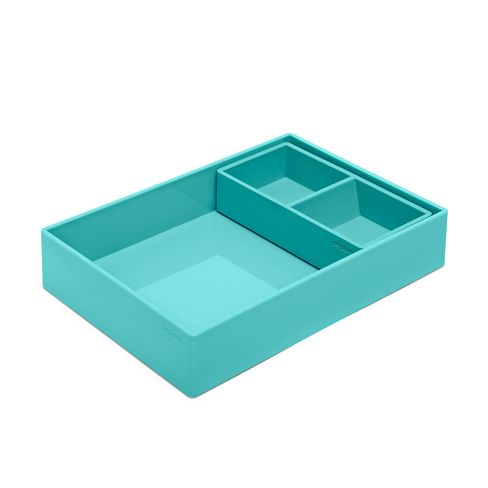 Turquoise desk organizer tray with compartments on white background (Aqua)