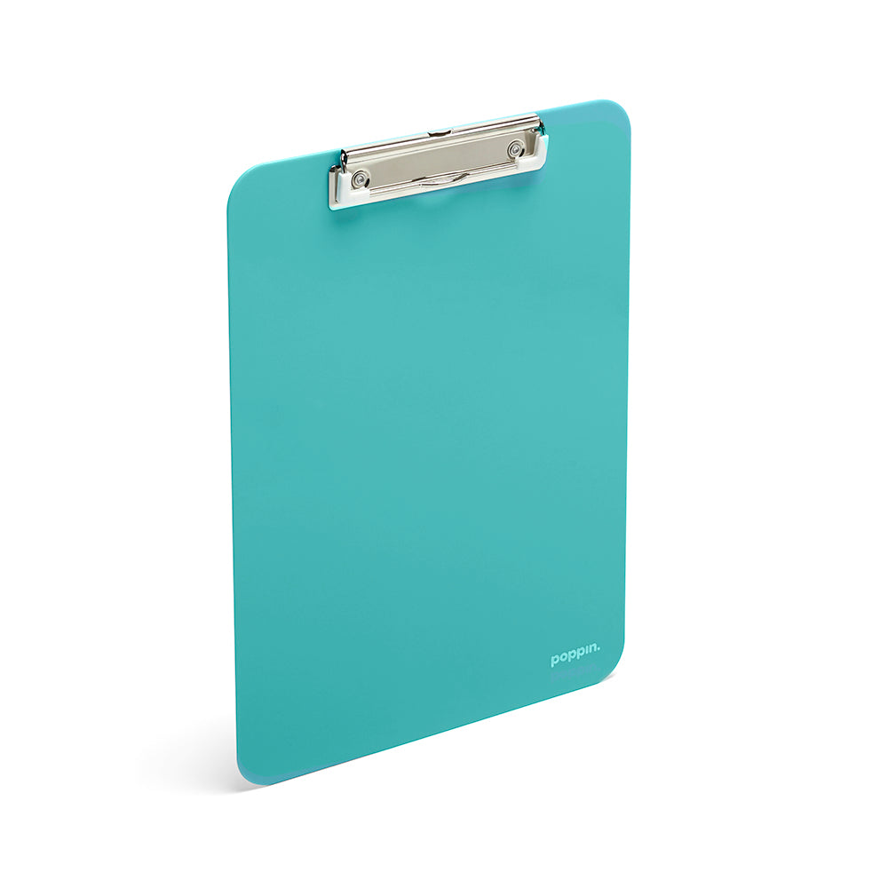 Aqua blue Poppin clipboard with a silver clip on a white background. (Aqua)