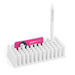White desk organizer with business cards and a pen on a clean background. (White)
