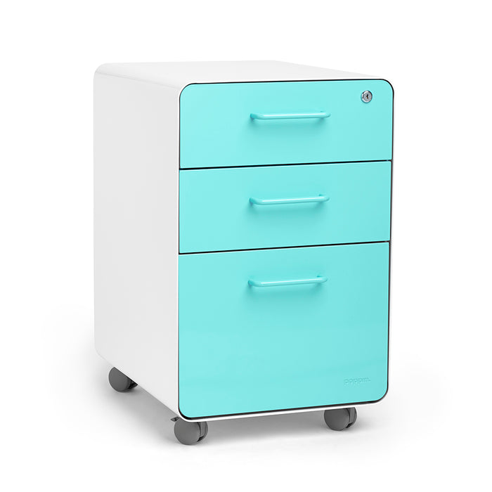 Aqua blue three-drawer mobile file cabinet on white background. (Aqua-White)