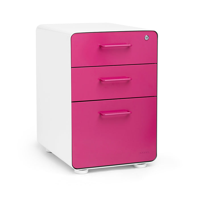 Bright pink three-drawer filing cabinet on a white background (Pink-White)