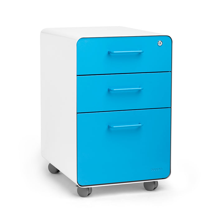White and blue 3-drawer filing cabinet on wheels against a white background. (Pool Blue-White)