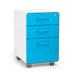 White and blue 3-drawer filing cabinet on wheels against a white background. (Pool Blue-White)