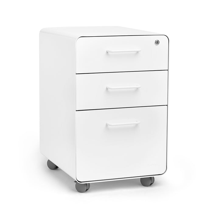 White three-drawer office storage unit with wheels on a white background. (White-White)