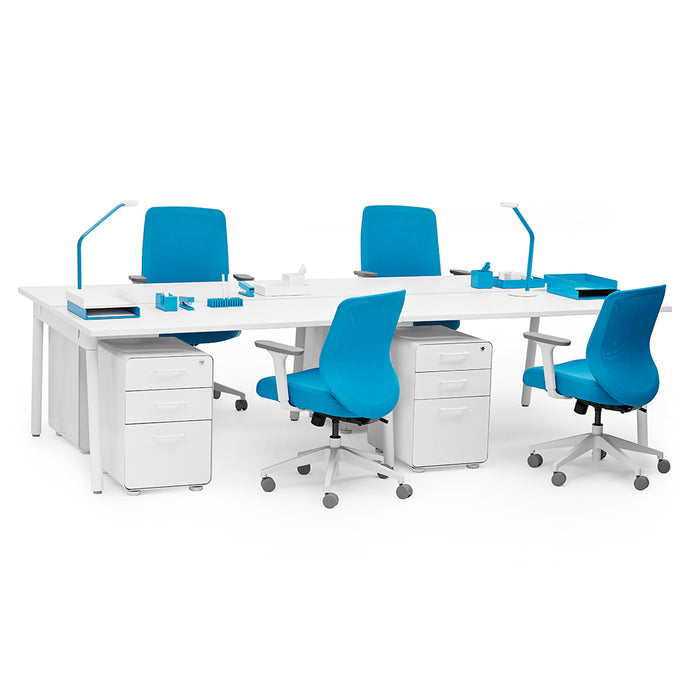 Modern office furniture setup with blue chairs and white desks (White-57&quot;)