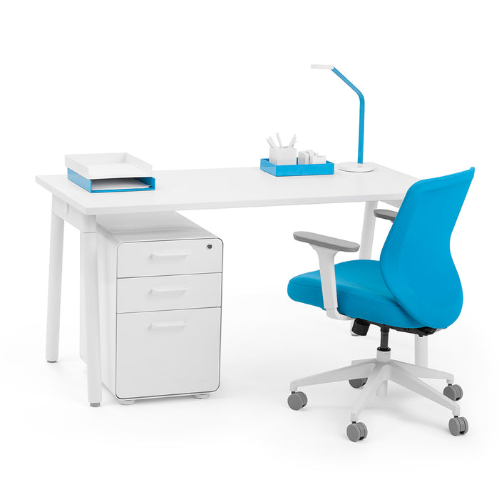 Modern office desk setup with white desk, blue chair, and desk organizer on white background. (White-57")