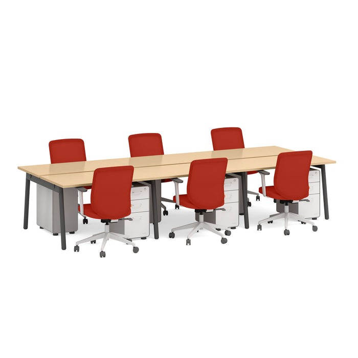 Modern office conference table with red chairs on white background. (Natural Oak-47&quot;)