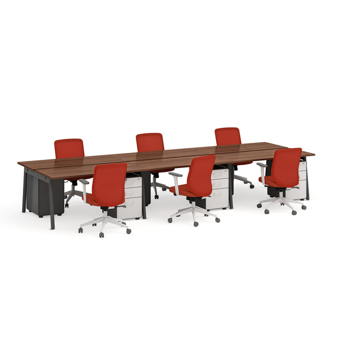 Modern office conference table with red chairs and white storage units on a white background. (Walnut-57&quot;)