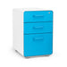 Bright blue modern three-drawer filing cabinet isolated on white background. (Pool Blue-White)