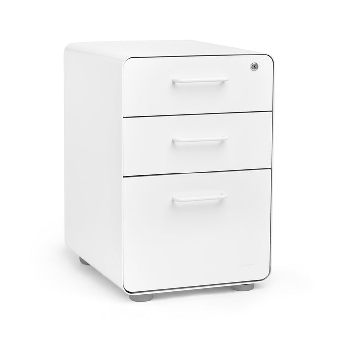 White three-drawer file cabinet on a white background. (White-White)